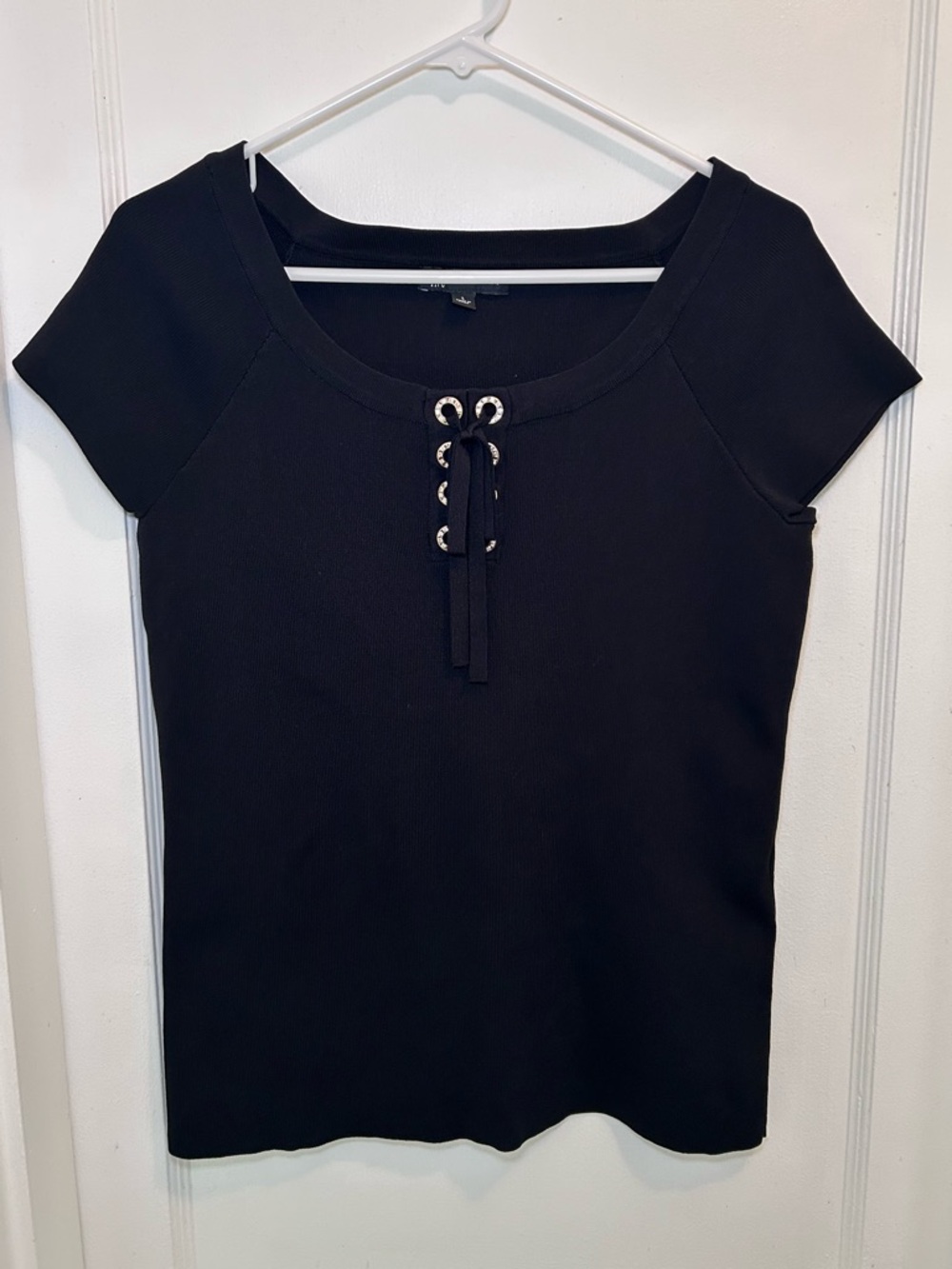 INC International Concepts Black Lace Up Y2K Aesthetic Short Sleeve Top Womens L